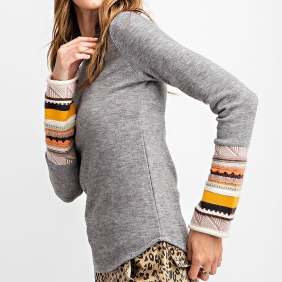 Multi Hacci Knitted Cuff Sleeve Sweater - Grey - Picture 6 of 9